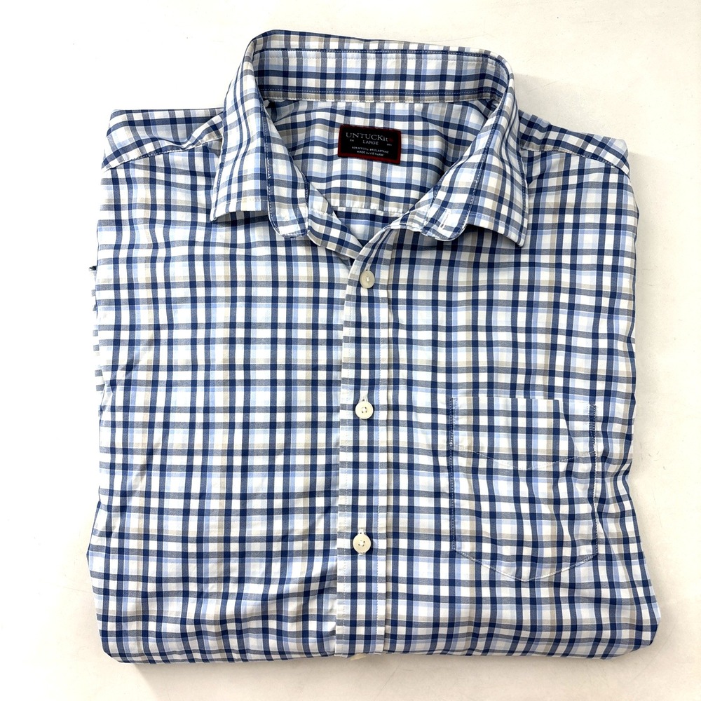 UnTuckit Wrinkle Free Men's Size L Blue Plaid Long Sleeve Button Up Shirt